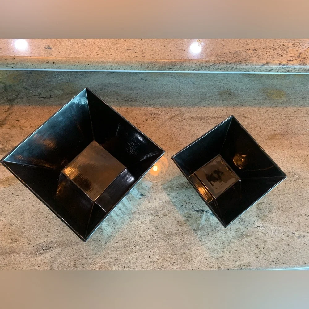 Mid-Century Modern Hand-Painted Wooden Pedestal Bowls- Black & Silver (Set of 2)